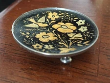 Vintage TRINKET PIN DISH Gold Black Bird Floral TOLEDO WARE Small Footed
