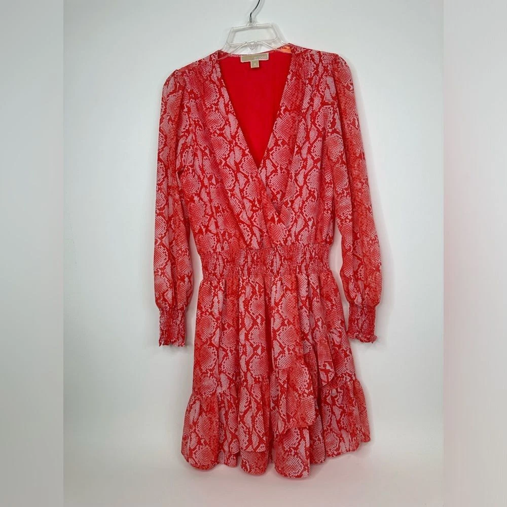 Abito Michael Kors donna medio avvolgente scollo a V manica lunga vita liscia pitone rosso