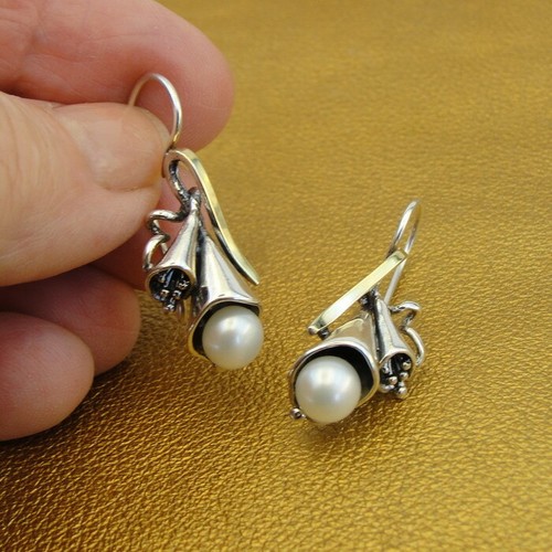 Hadar Designers 9k Yellow Gold 925 Silver Pearl Pendat Earrings Set Handmade (MS - Picture 3 of 12
