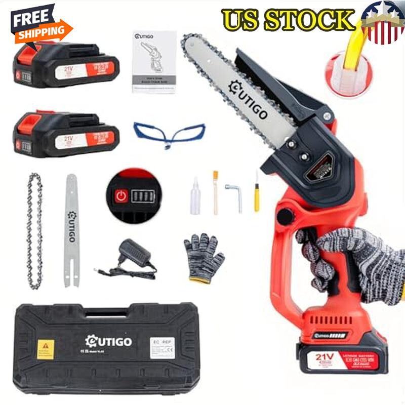 Mini 8-Inch Cordless Electric Chainsaw with 2 Batteries and Safety Lock