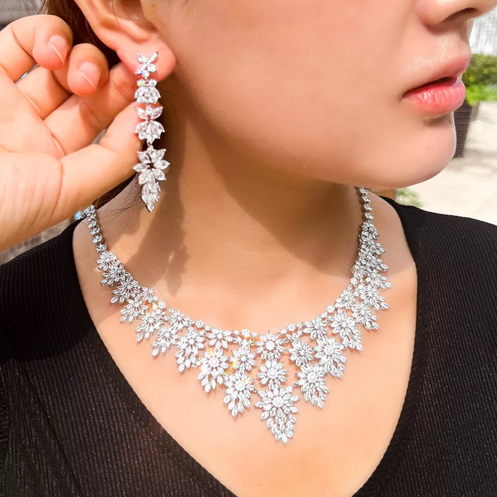 Women Silver Plated Flower Leaf Drop Earrings Tassel Necklace