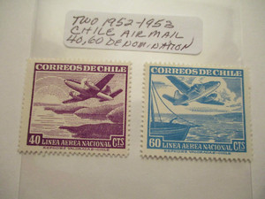 Two 1952-1953 Chile Air Mail Postage Stamps - 40, 60  Denomination
