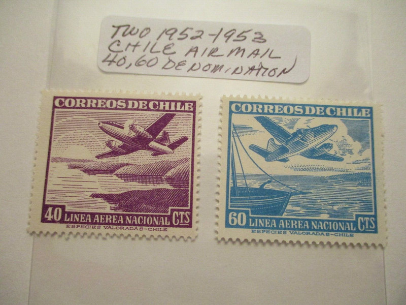 Two 1952-1953 Chile Air Mail Postage Stamps - 40, 60  Denomination
