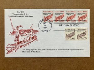1991 5c Canoe 1800s, red, Photogravure Version 2454 KMC Venture Combination FDC