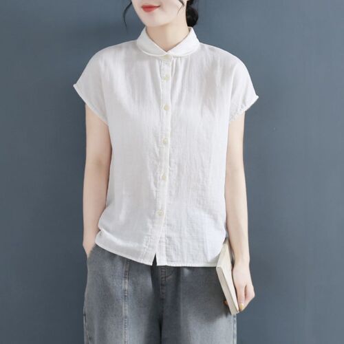 Women's Round Neck Short Sleeved Shirt Cotton Linen Loose Casual Summer Tops - Picture 1 of 17
