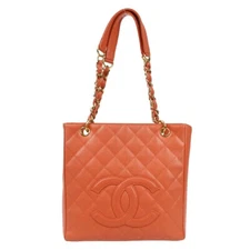 Chanel Coral Orange Calfskin Petite Shopping Tote PST Chain Handbag 97427