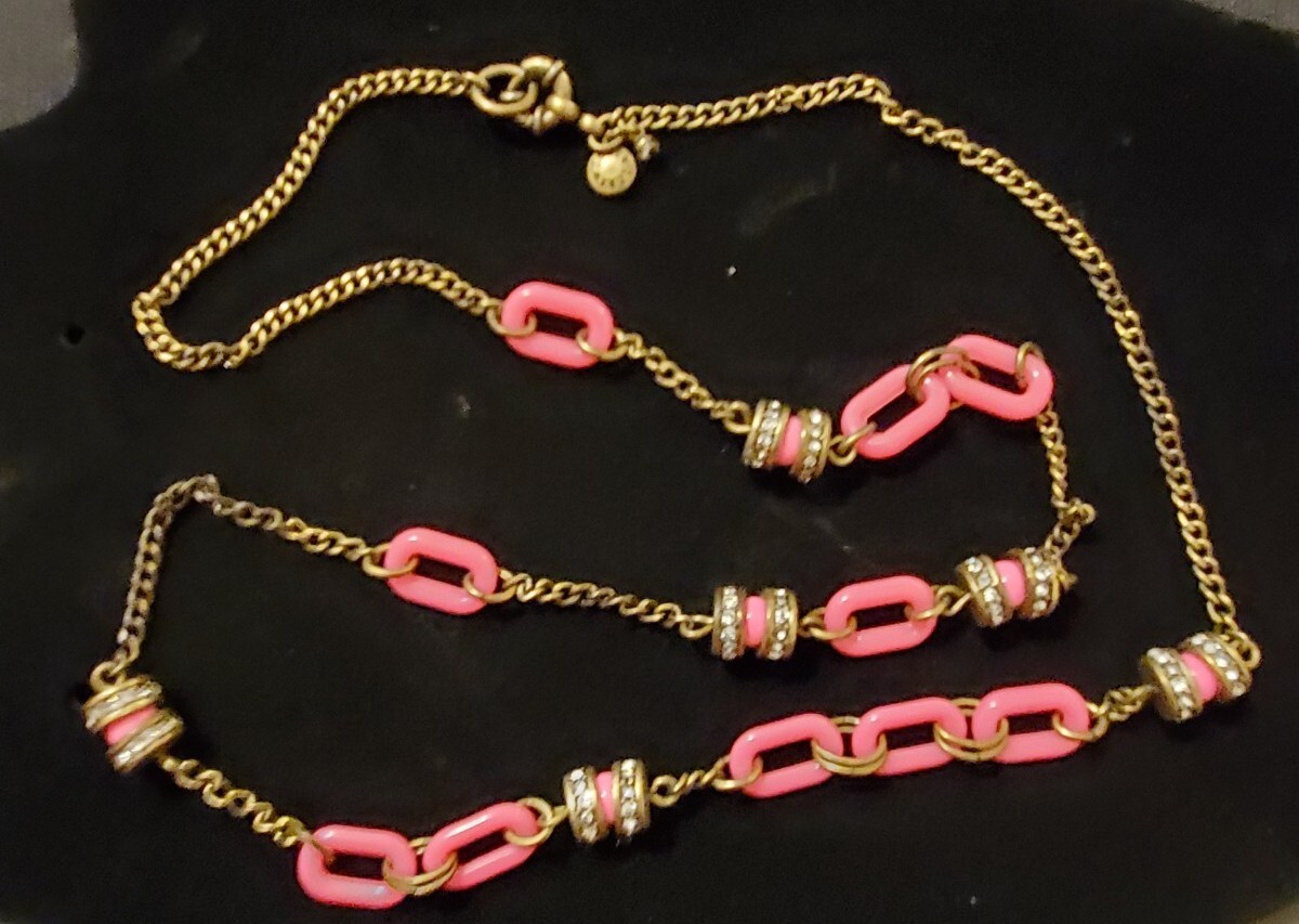 Rare Womens Vintage J Crew Pink And Antique Gold Rhinestone Chain Link Necklace