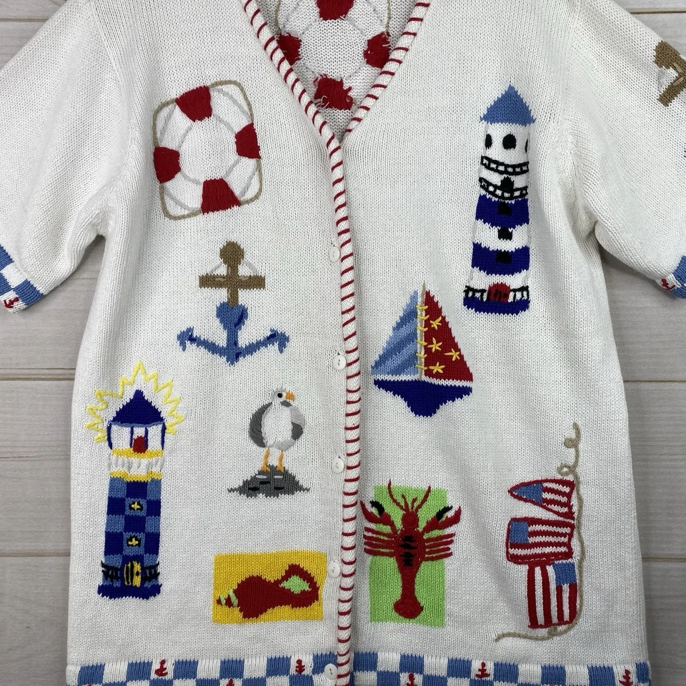 Vintage Quaker Factory Sweater Women M White Sailboats Nautical Beach 90s Y2K - Image 2 of 4