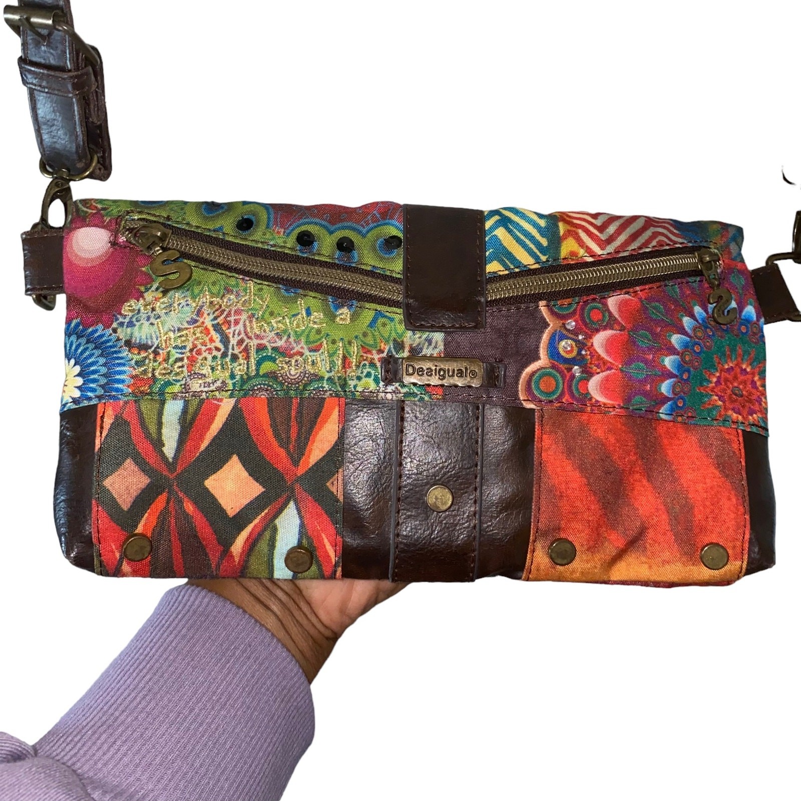 Desigual Patchwork Embroidered Studded Clutch Cro… - image 3