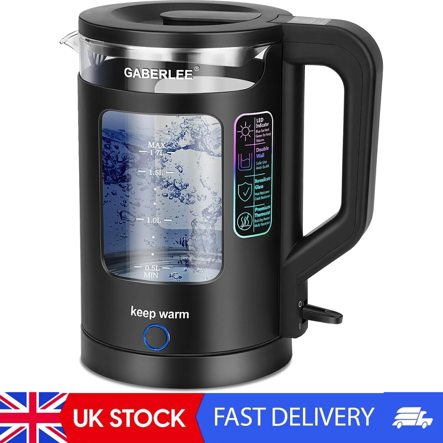 Electric Kettle, 1.7L, 3000W Fast Boil Quiet Glass Kettle With Blue LED, Keep