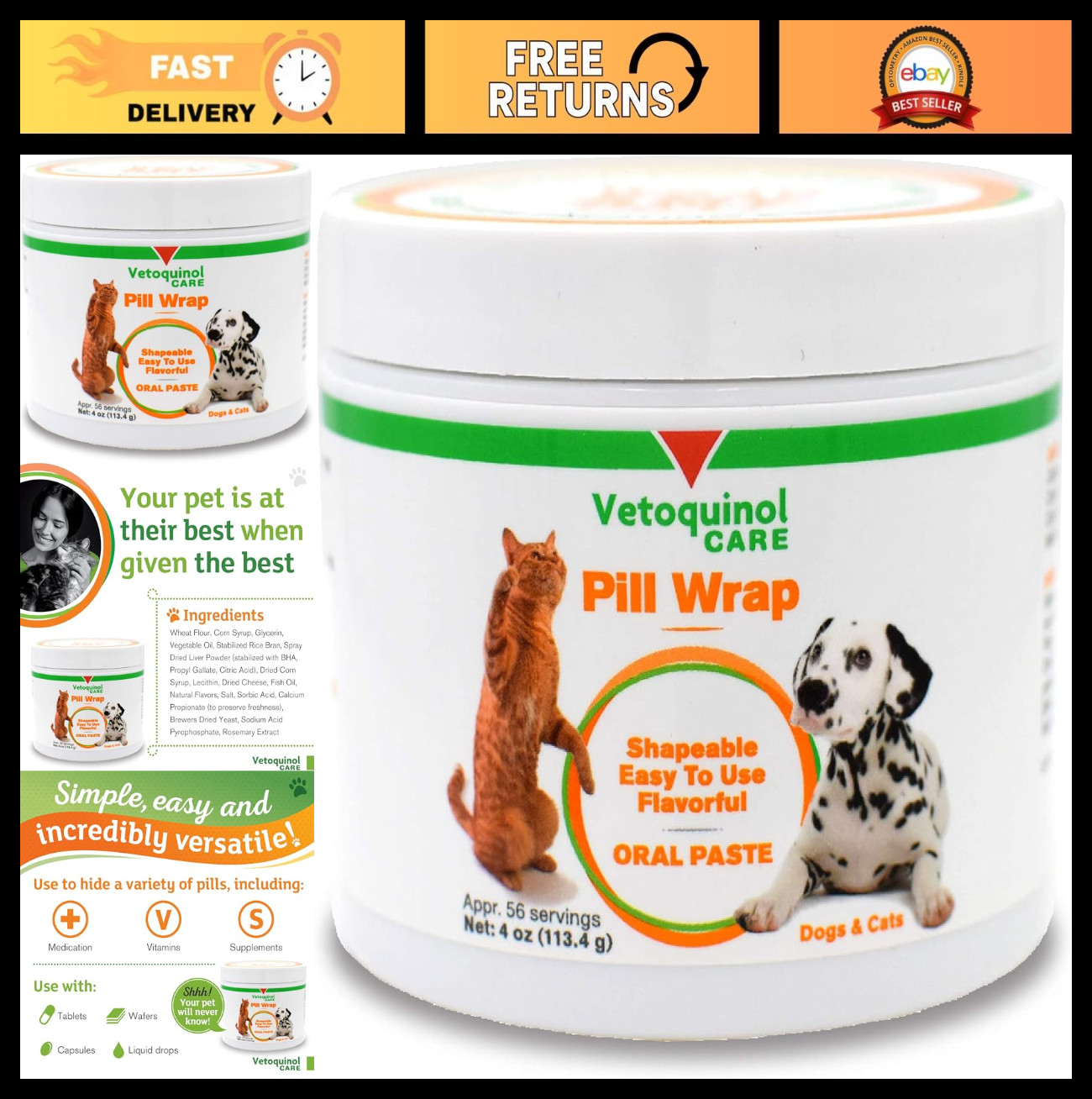 Vetoquinol Pill Wrap Treats for Dogs & Cats &ndash; 4oz, 56 servings &ndash; Hides Any