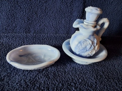 Vintage Blue Milkglass Avon Bubble Bath Set