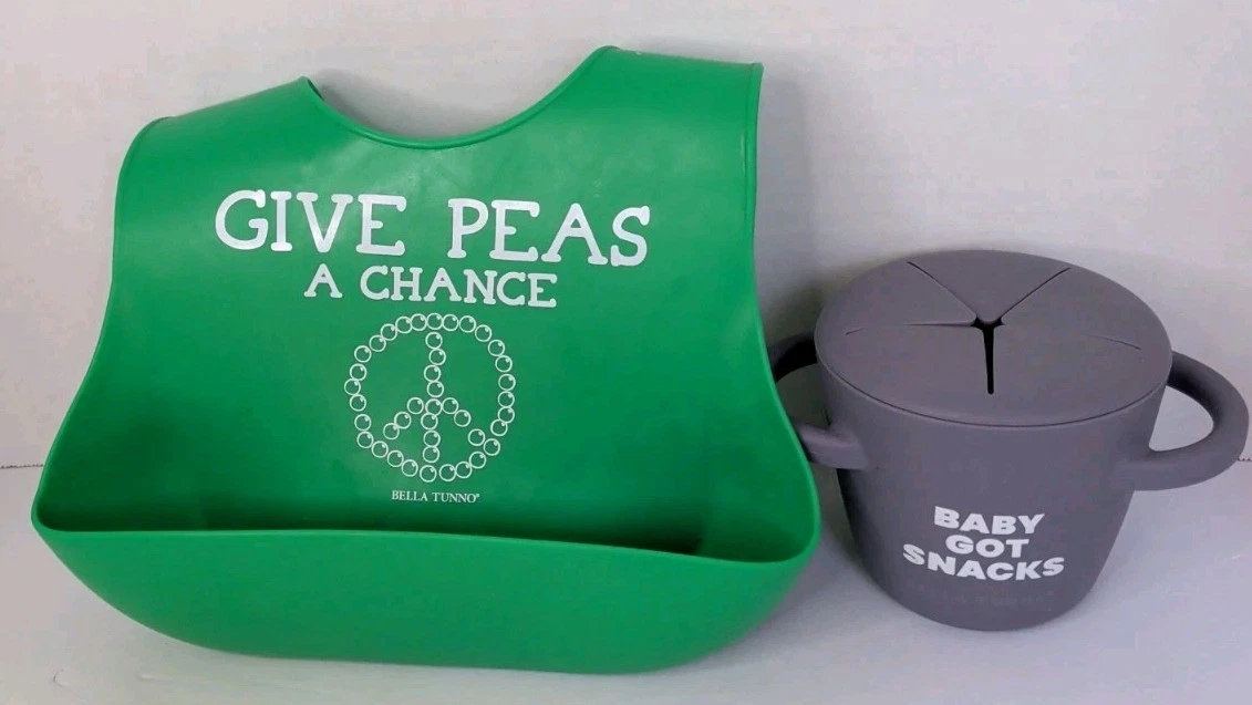Bella Tunno Silicone Bib Give Peas A Chance Silicone Baby Got Snacks Cup