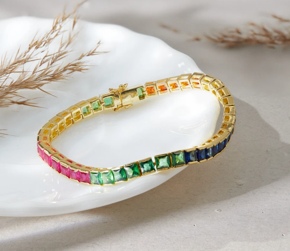 10K Yellow Gold 20Ct Rainbow Sapphires 7" Luxury Tennis Bracelet Multi-Color - Image 3 of 4