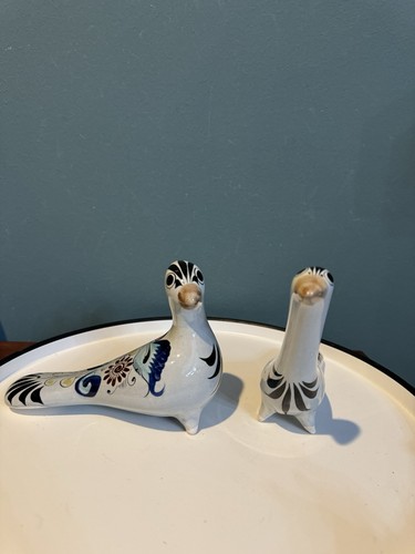 Coppia di statuine uccellino in ceramica Tonala Mexico dipinte a mano blu pallido - Foto 3 di 10