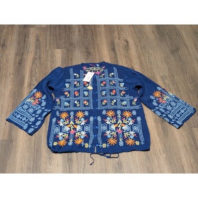 Johnny Was Wyatt Embroidered Flowers Button Front Drawstring Hem Blouse Size S