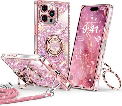 iPhone 16 Pro Max Case, Glitter Bling Phone Cover with 2-Ring Heart Stand & Lany