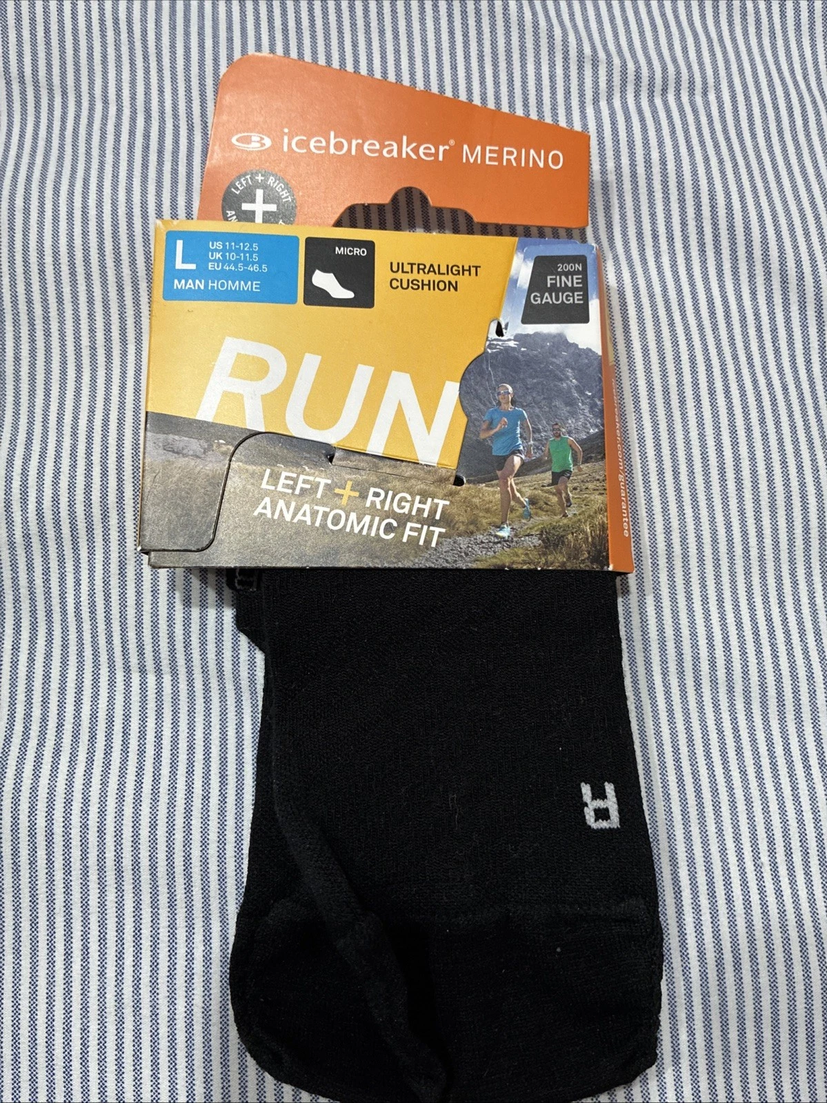 Icebreaker Men's Merino Micro Black Running Socks Left + Right Anatomic Fit- LG