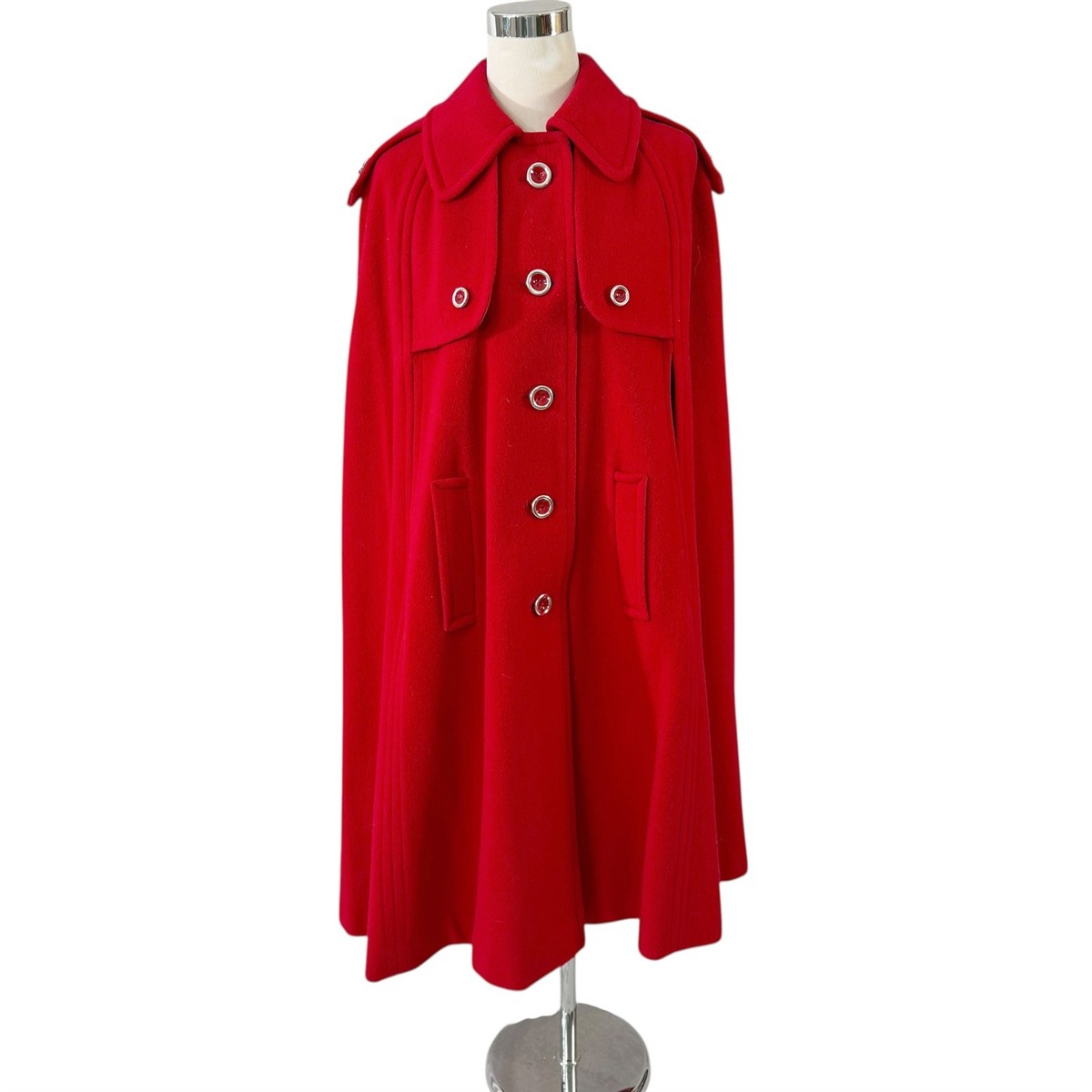 Red Wool Cape Size 16 Military Style Poncho Coat Epaulets Lined
