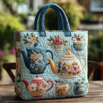 Personalized Floral Teapot Tea Lovers Quilted Tote Bag Woman Handbag Gift