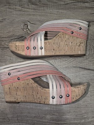 Lucky Brand Women Cork Wedge Sandals Pink Stripe Strappy Size 7M