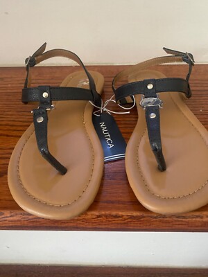 Nautica Sandal Black Logo Ankle Strap Flats Size New w/o Box