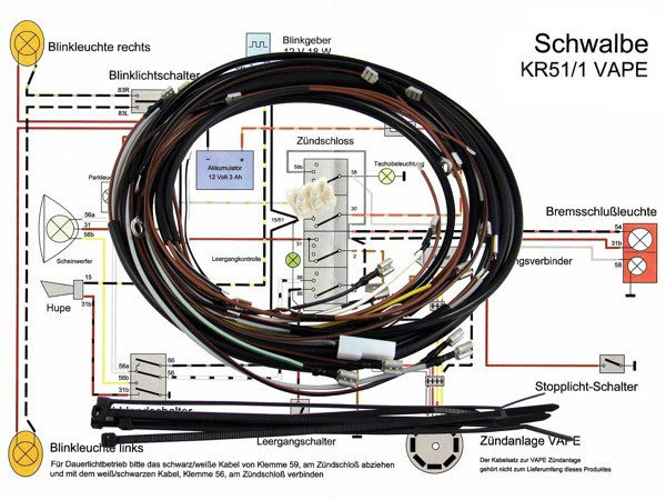 Kabelbaum Simson Schwalbe KR51/1 VAPE 12V mit Schaltplan Deutsche  Herstellung