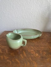 VINTAGE FRANKOMA POTTERY PRAIRIE GREEN & BRONZE #205 BOWL  AND CREAMER 1950-1979