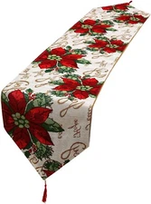 Poinsettia Christmas Table Runner Linen Decorative Table Cloth with Tassels~New