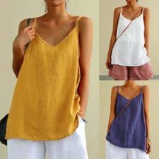 Ladies Cotton Linen Strappy T-Shirt Vest Cami Women's Tank Top Plus Size Summer/