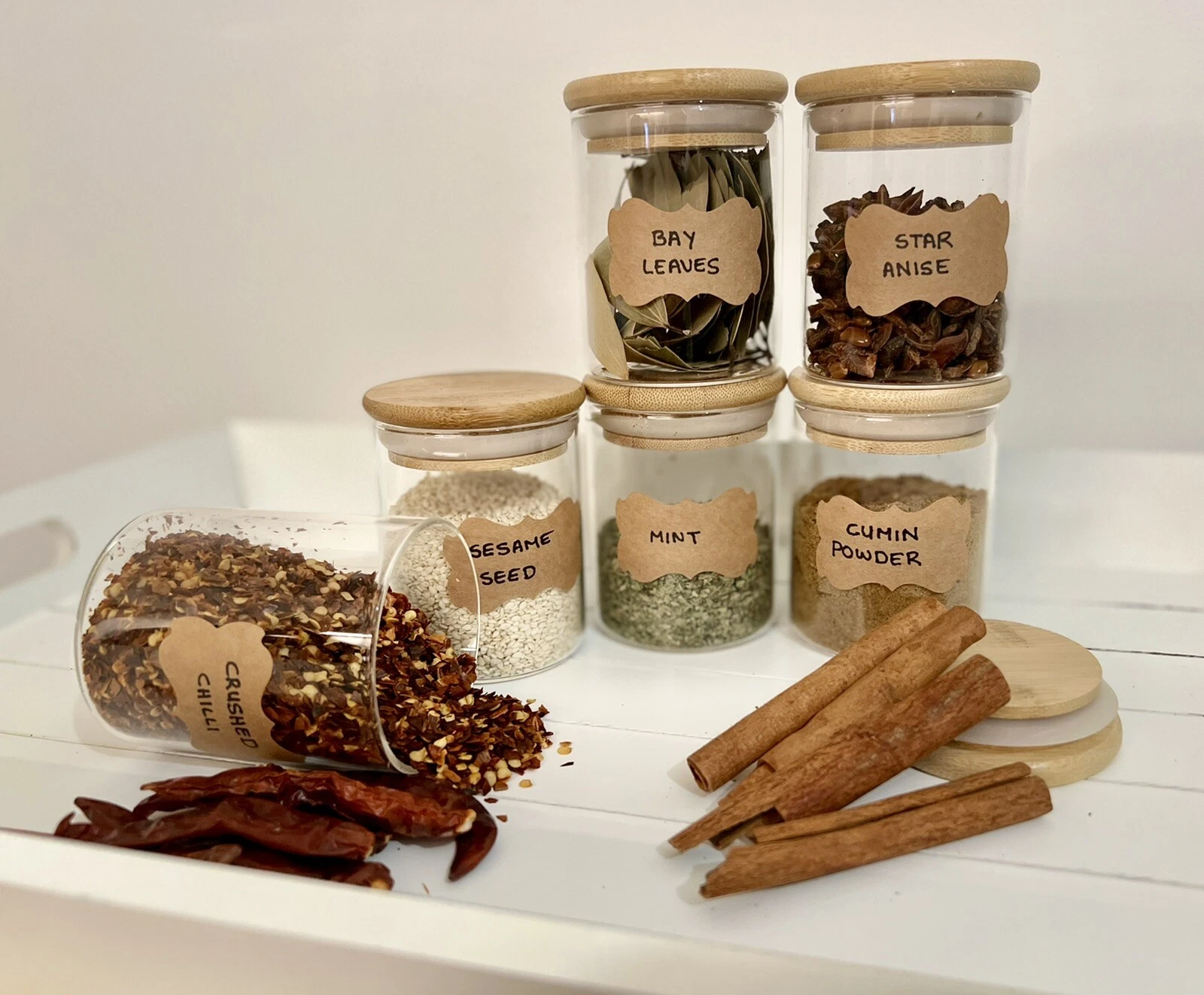 Glass Storage Jars with Bamboo Lids and Labels. Spice Jars, Pasta Jars