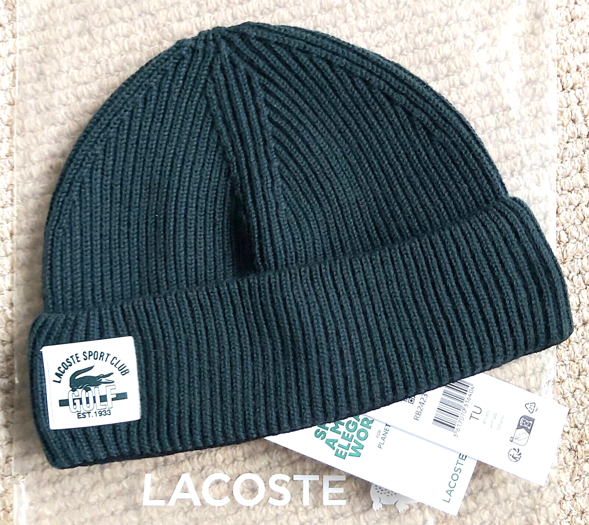 Genuine LACOSTE GOLF CLUB Sinople Green BEANIE Wool WIND