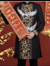 Black Ao Dai for men, Hand Painted Vietnamese Traditional Long Dress for Men G41