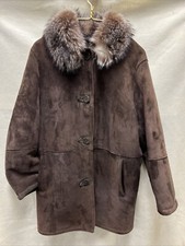 Ducks Sport New York Brown Suede Shearling Sheepskin Coat Fur Collar Womens L