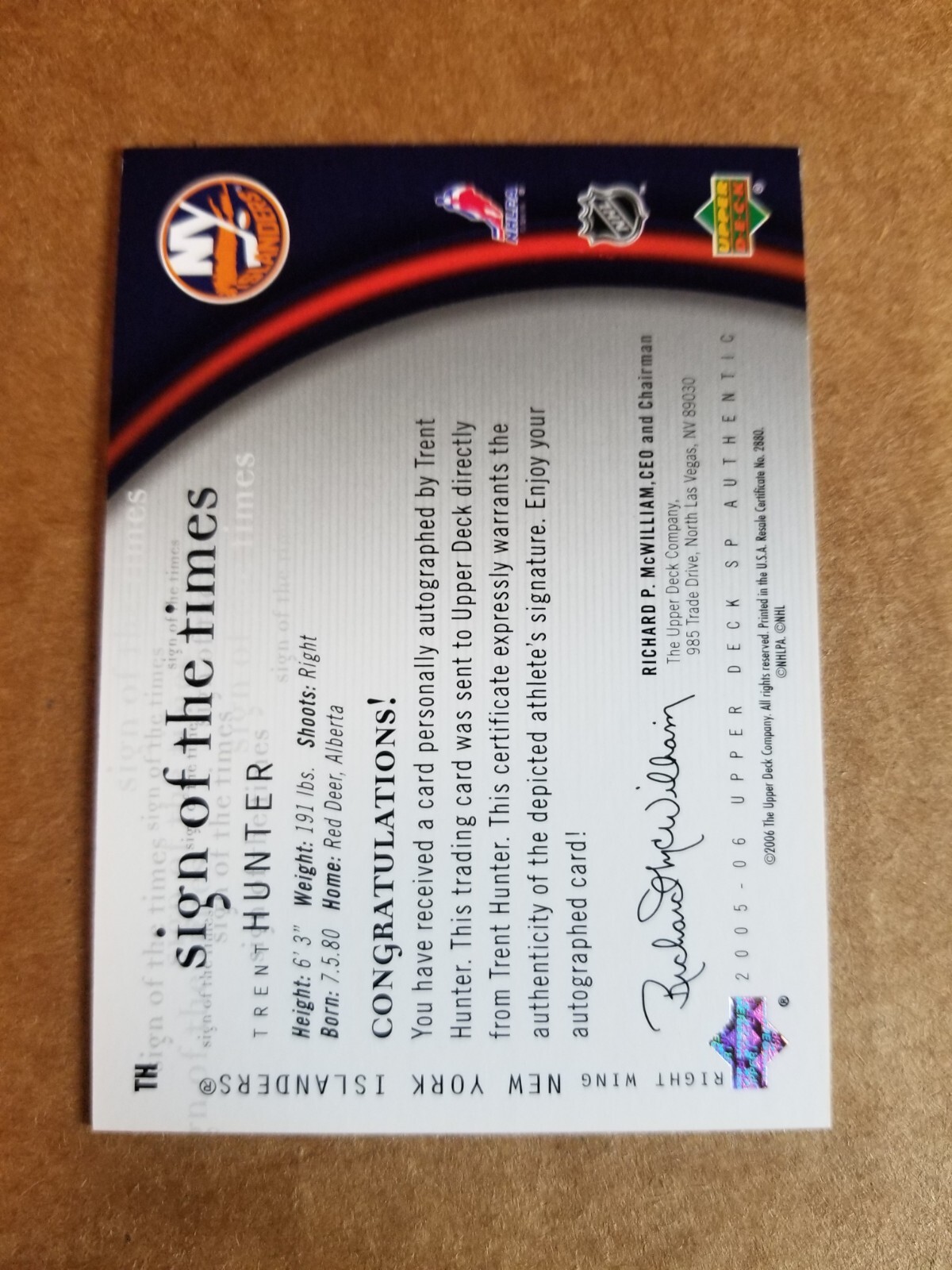 TRENT HUNTER 2005-06 UD SP AUTHENTIC SIGN OF THE TIMES AUTO ISLANDERS # ...