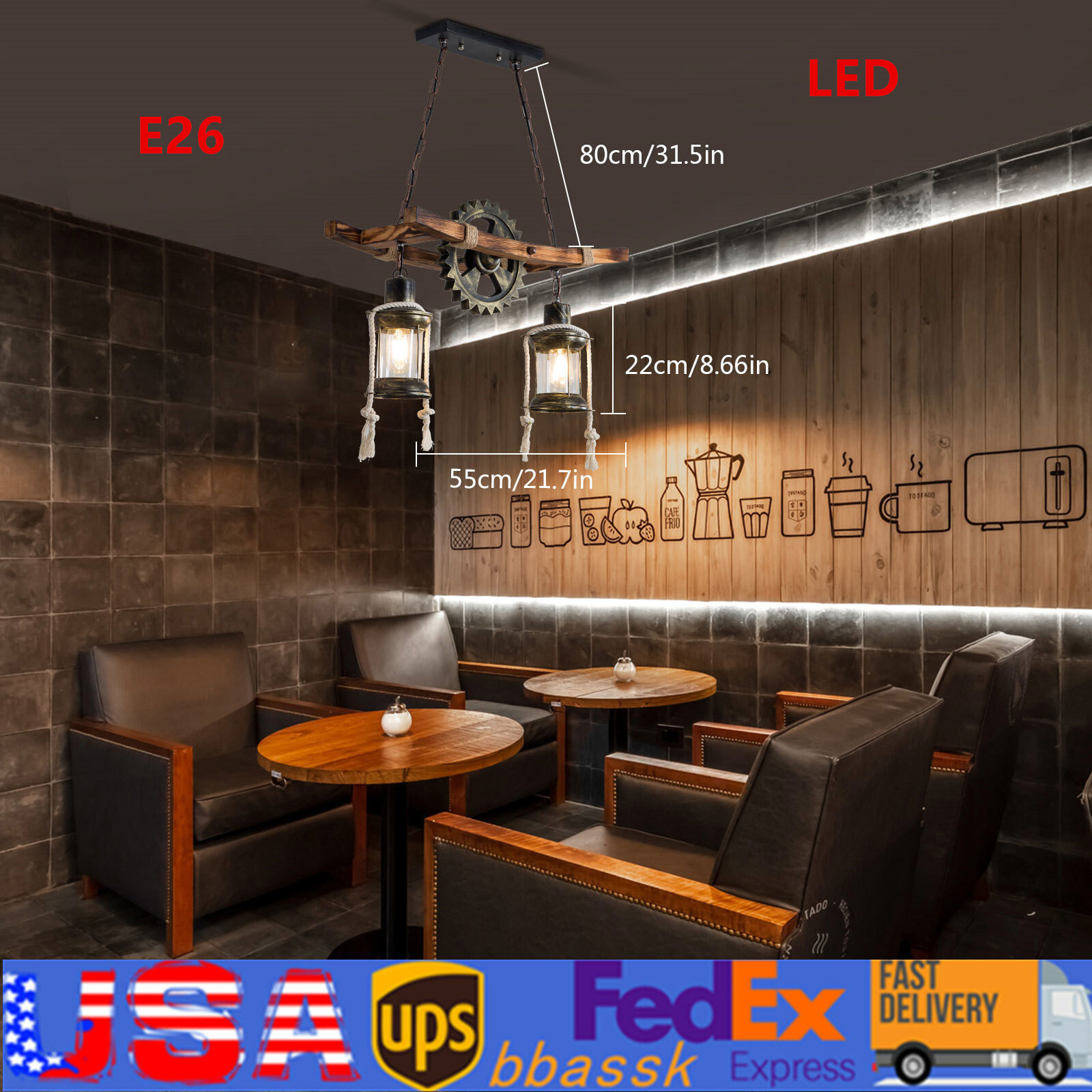 Rustic Wood Chandelier Farmhouse Loft Retro Pendant Light Ceiling Fixture Lamp