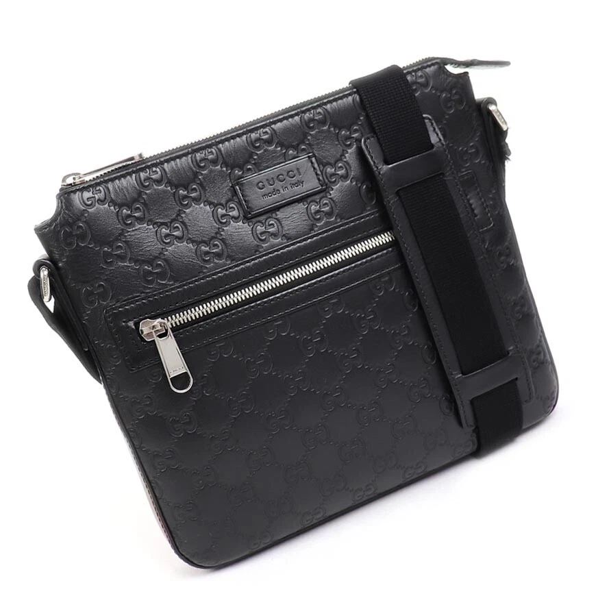 GUCCI GG Embossed Signature Crossbody Messenger Bag Black Leather