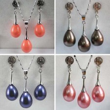 2pcs Set Fashion Women Water Drop Shell Pearl Pendant Necklace Earrings Jewelry