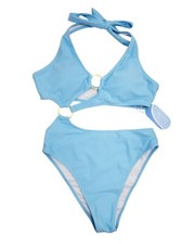 One-Shoulder Cutout Sky Blue Bikini Set Gold Ring Womens Swimwear Size S