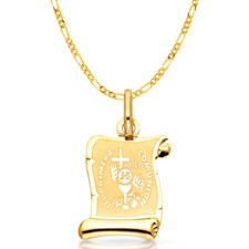 14K Yellow Gold Communion Charm Pendant with 2.3mm Figaro 3 1 Chain Necklace