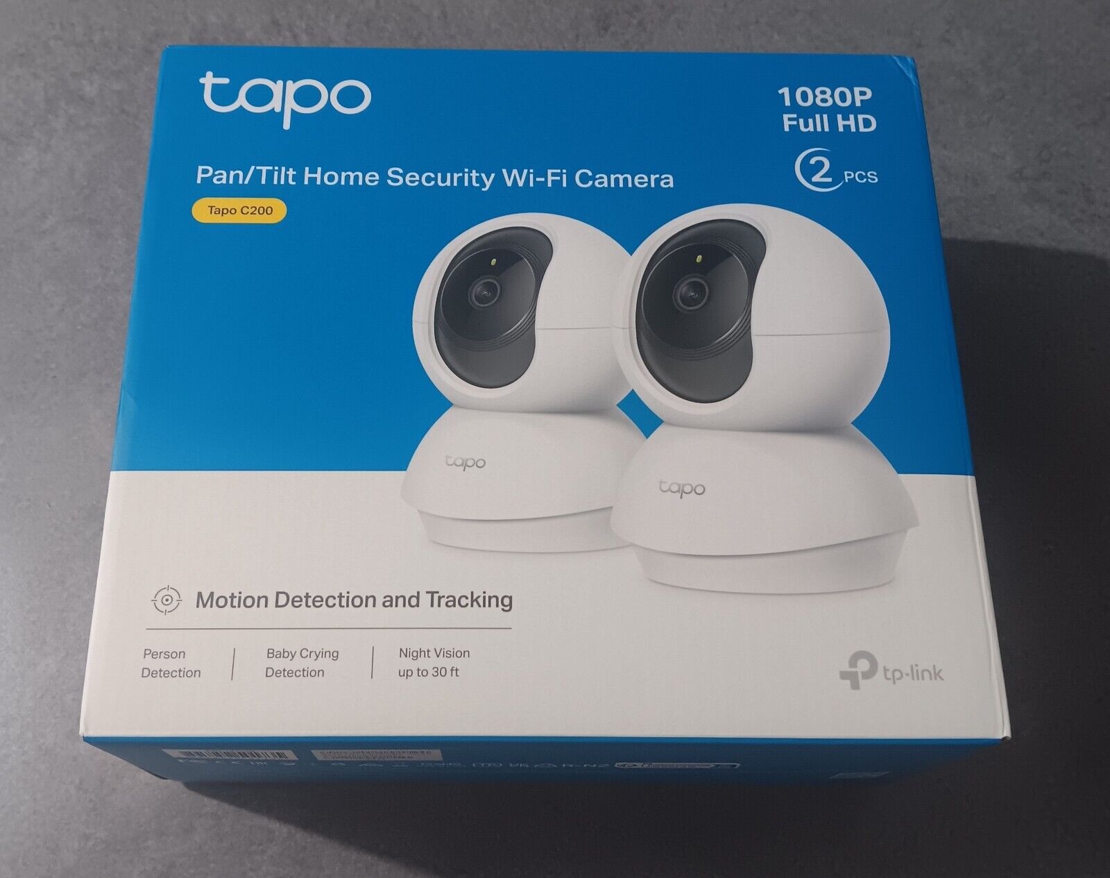 2x Tp-Link Tapo C200 Pan/Tilt Smart Home Security Wi-Fi Cameras + 128GB SD cards