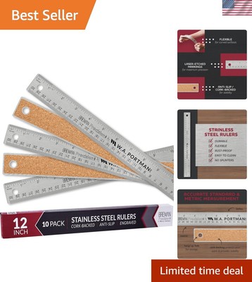 Precision 12-Inch Stainless Steel Ruler Set with Cork Backing - 10 Pack