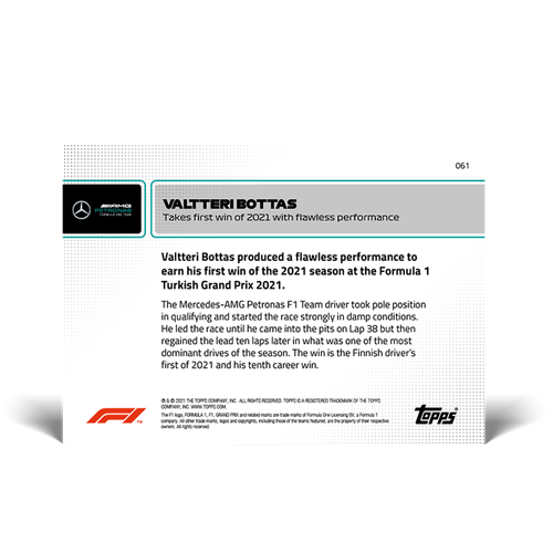 Valtteri Bottas Mercedes 2021 Topps Now Formula 1 F1 Card #61 Victory in Turkey - Picture 2 of 2