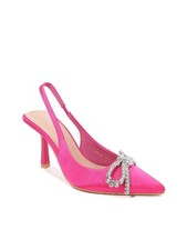 Slingback 3 inch heels, satin cover with rhinetstone bow, closed toe