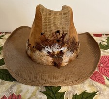 Vintage Wolverine Western Headwear Cowboy Hat Feather Brown Woven Suede L