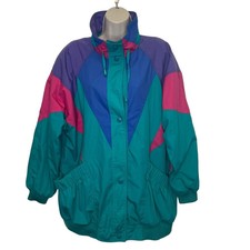 Vintage Izzi Ski Jacket Teal Geometric Colorblock Women’s Xl Snap Closure 1980s