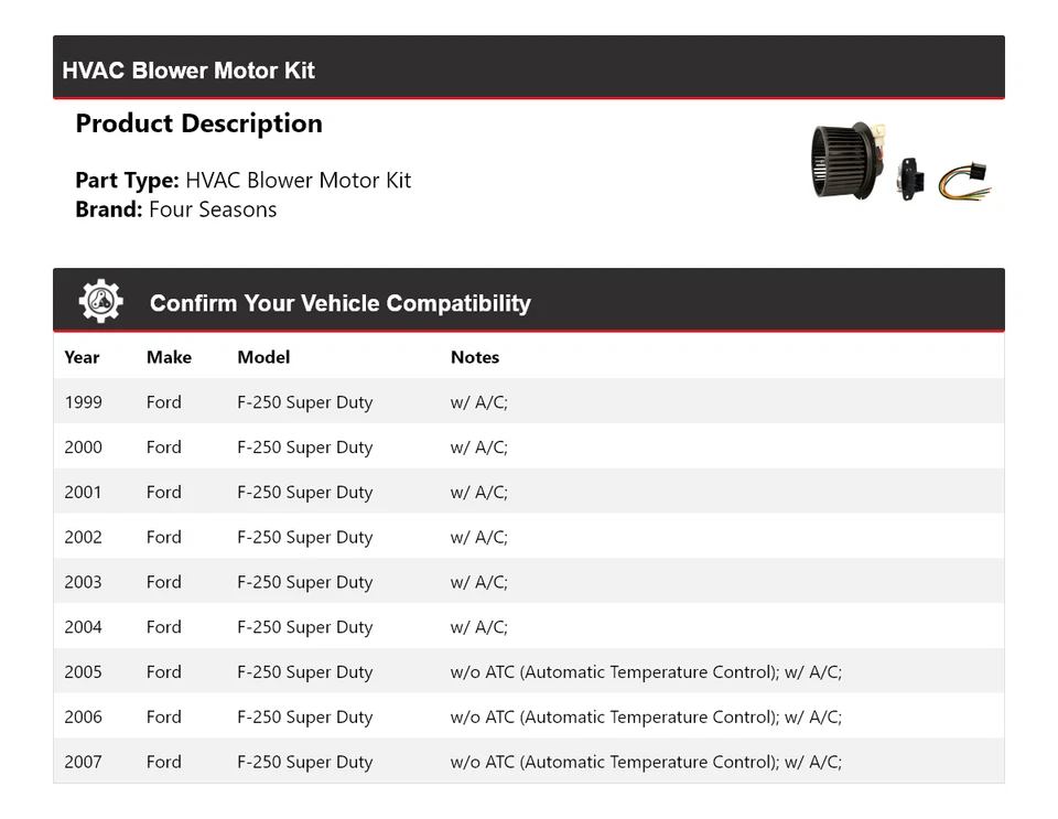 Kit de motor soplador de climatización para Ford F-250 Super Duty 1999-2007 4 estaciones 2000 2001 Foto 2 de 3