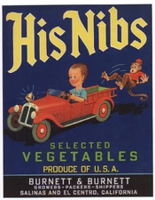 HIS NIBS Vintage Salinas Vegetable Crate Label, Fire Truck, *AN ORIGINAL LABEL*