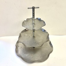 Vintage 50s Aluminum 3 Tier Tidbit Tray Ruffled Edge Engraved Floral And Signed