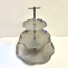 Vintage 50s Aluminum 3 Tier Tidbit Tray Ruffled Edge Engraved Floral And Signed